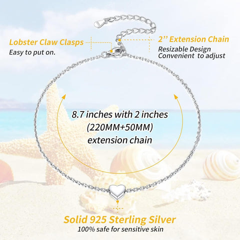 ChicSilver Personalized 925 Sterling Silver Tiny Heart/Moon/Star/Sun/Dot/Triangle Anklets Simple Dainty Foot Jewelry for Women, Silver/Gold Plated/Rose Gold Plated