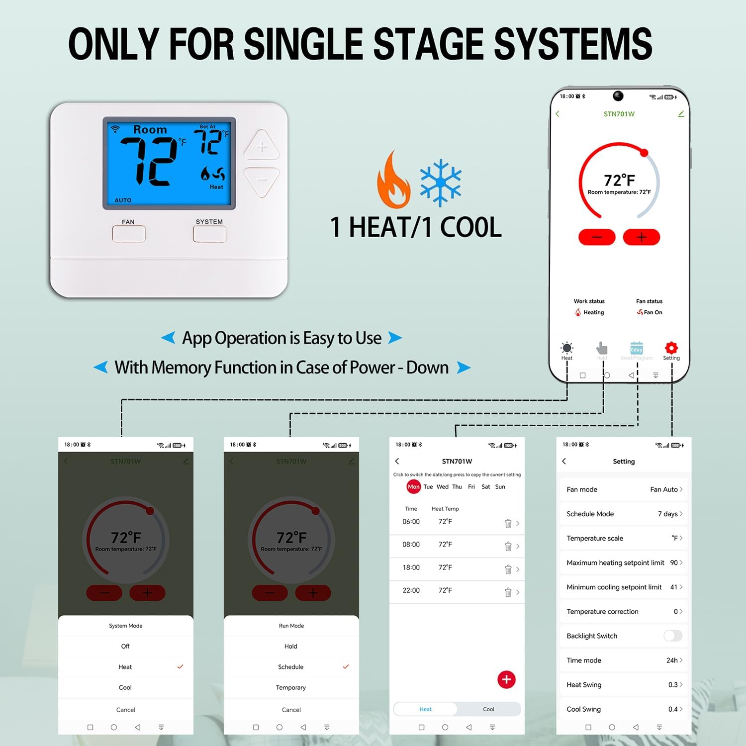 WiFi Thermostats for Home Smart Thermostat Single-Stage 1Heat/ 1Cool, APP Remote Control, 7-Day or 0-Day Programmable. (C-Wire Required)