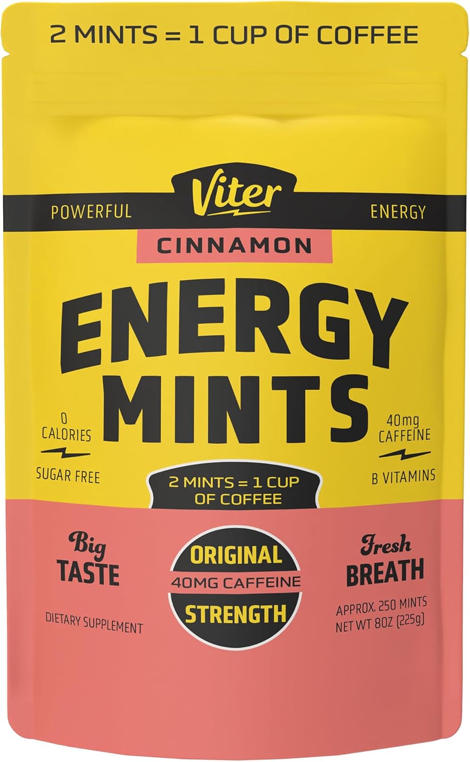 Viter Energy 40mg Caffeine Mints - Sugar Free, B Vitamins, Vegan, Boosts Fast Energized Alert Focus, Caffeinated Nootropic Supplement Pills (Cinnamon Flavor, 8oz, Bulk Bag)