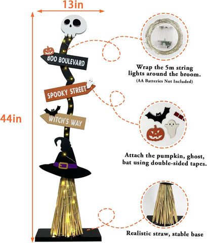 Lighted Halloween Wooden Witch Broom for Indoor Outdoor Decorations