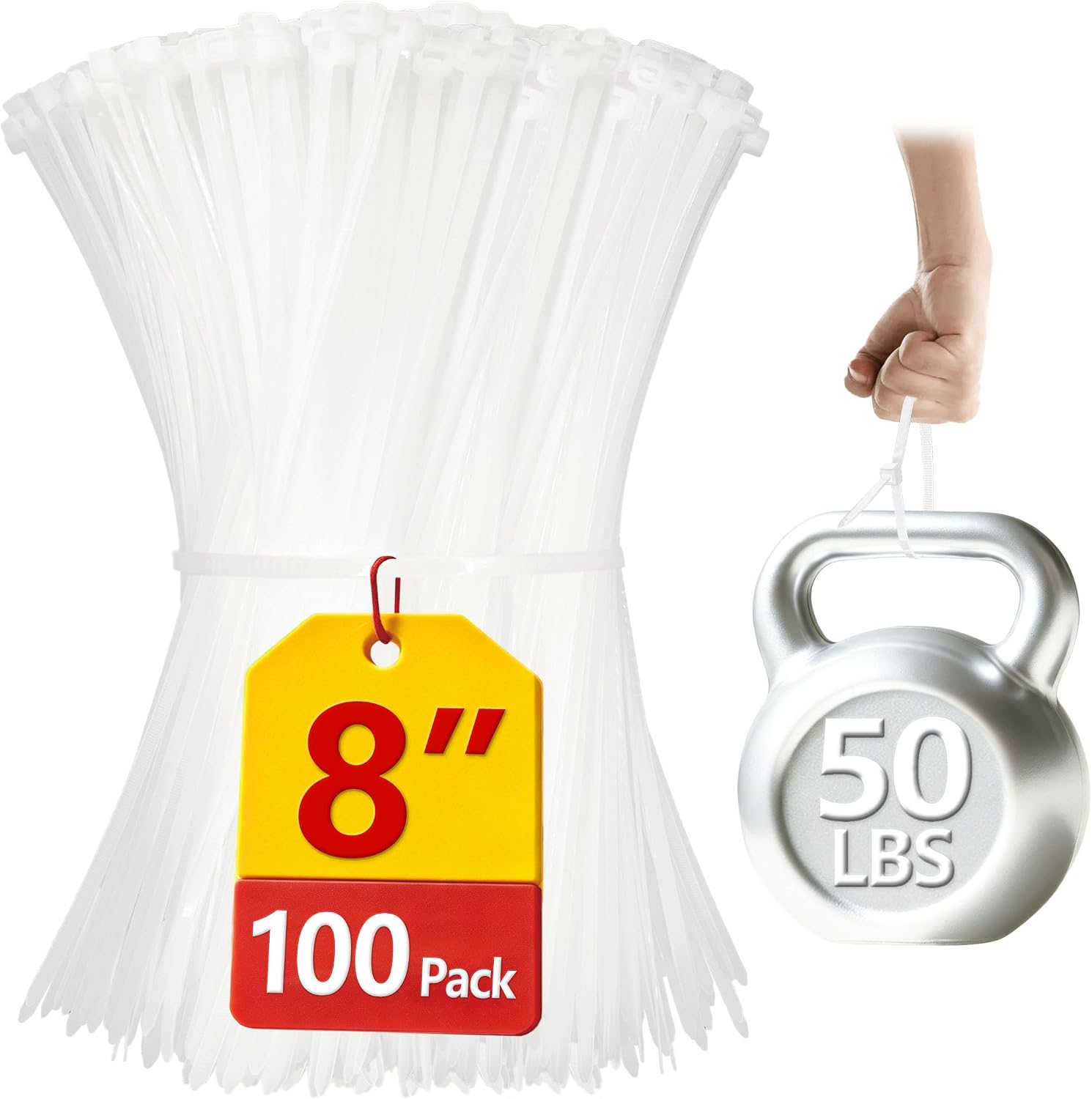 Clear Zip Ties Heavy Duty 8 Inch(100 Pack), 50lb, White Cable Ties, Zipties