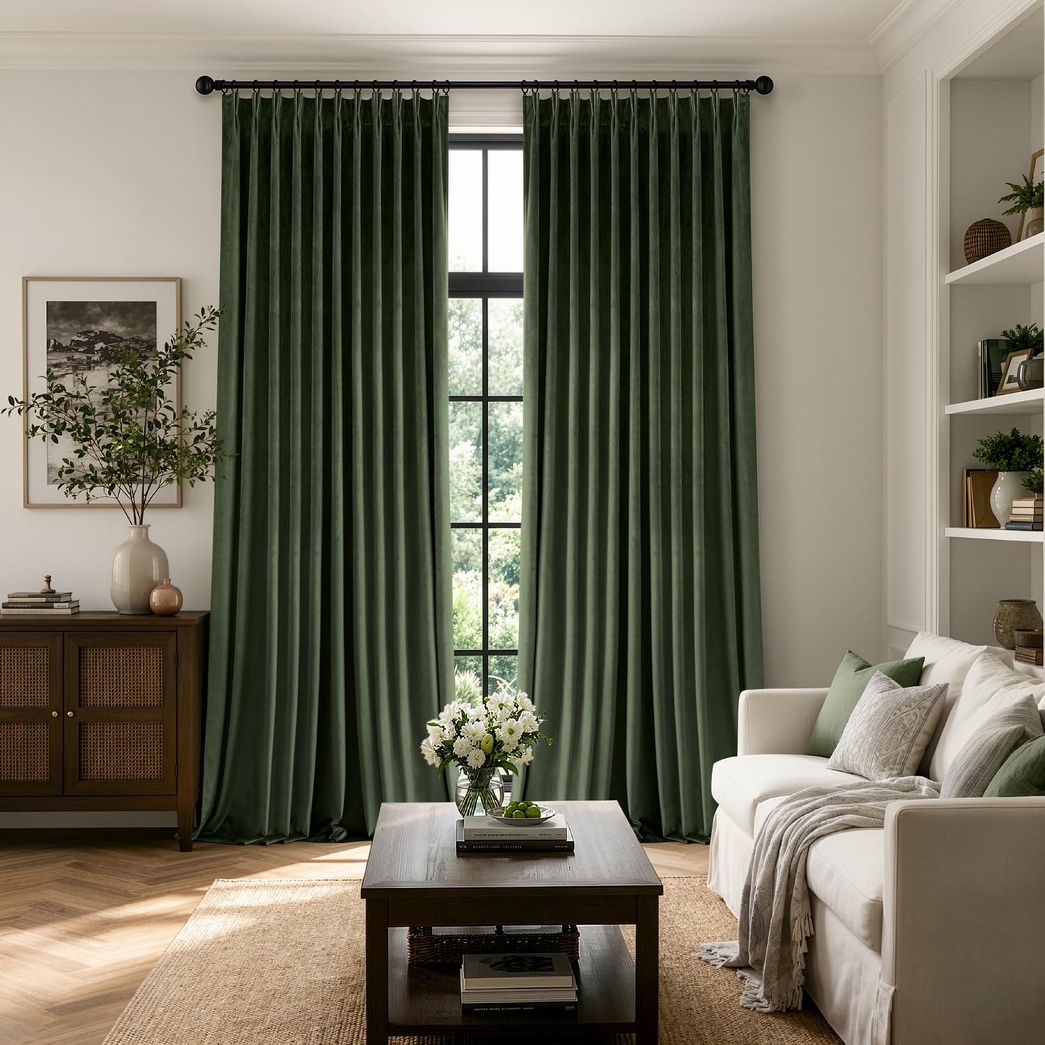 MIULEE Velvet Pinch Pleated Extra Wide Olive Green Blackout Curtains 70x84