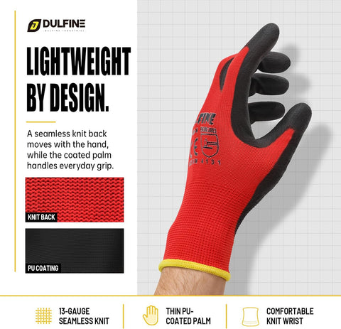 DULFINE Safety Work Gloves for Men & Women 12 Pairs, PU Coated Red XL