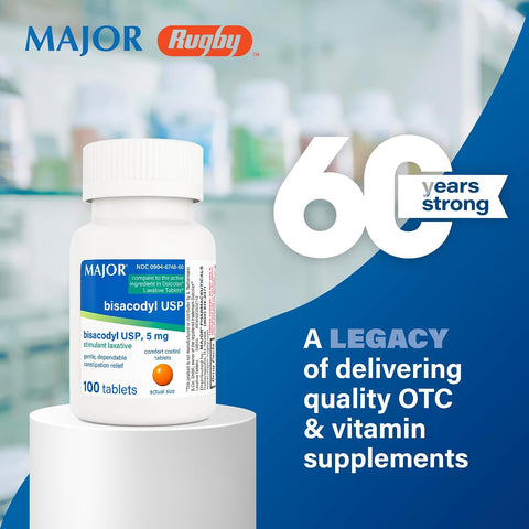 MAJOR Bisacodyl USP 5mg, Gentle Stimulant Laxative Tablets for Occasional Constipation Relief & Irregularity, 100 Count (1-Pack)