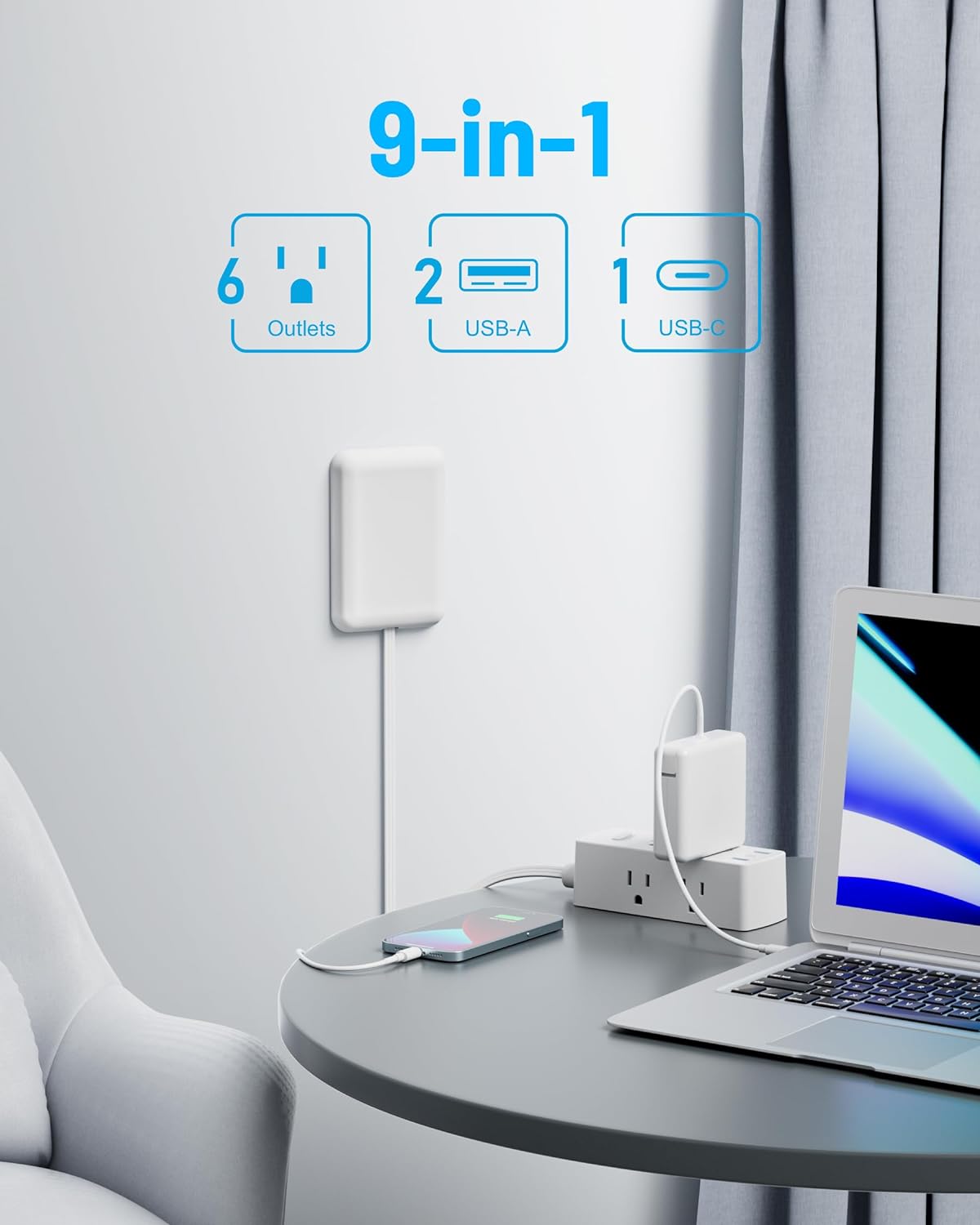 Olcorife Flat Extension Cord with Outlet Cover, Flat Plug Power Strip with 6 Outlets and 3 USB Ports, 3 FT Cord Hidden Outlet Extender for Tight Spaces