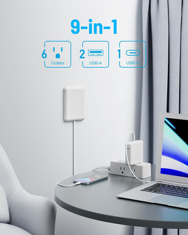 Olcorife Flat Extension Cord with Outlet Cover, Flat Plug Power Strip with 6 Outlets and 3 USB Ports, 3 FT Cord Hidden Outlet Extender for Tight Spaces