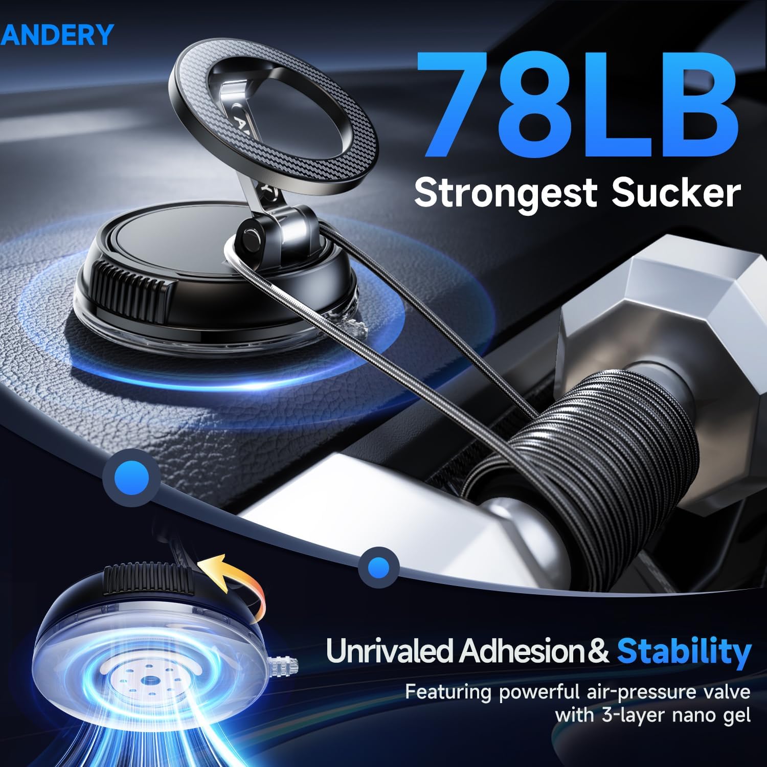 ANDERY Car Phone Holder for Magsafe [78+LBS Strongest Suction & 2400gf Strongest Magnetic] 360° Adjustable Car Phone Mount, Phone Holders for Your Car for iPhone 17-12 Pro Max Plus Air, Carbon Fiber