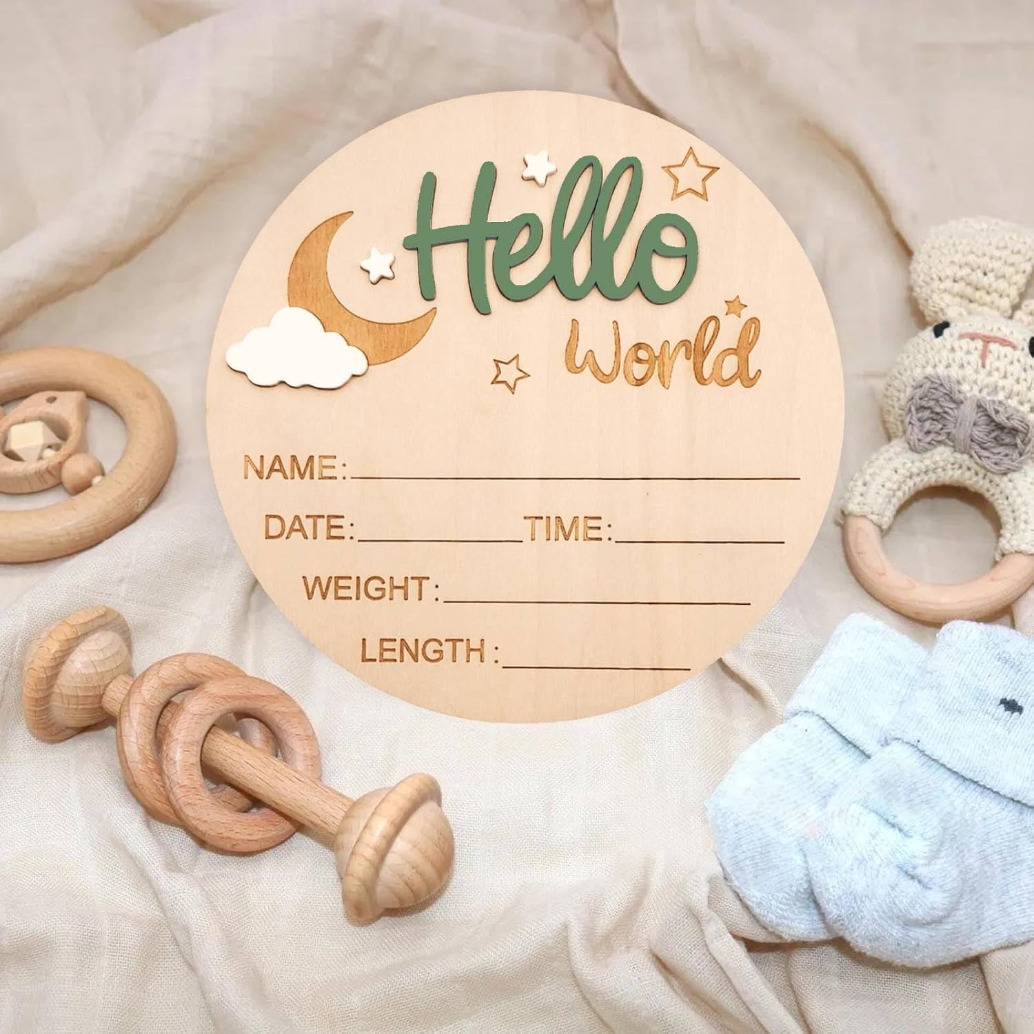 Baby Announcement Sign, 5.9 Inch Wooden Hello World Newborn Signs, Birth Announcement Sign and Pen, Moon and White Cloud Decoration, Welcome Newborn Arrival to World (Avocado Green)