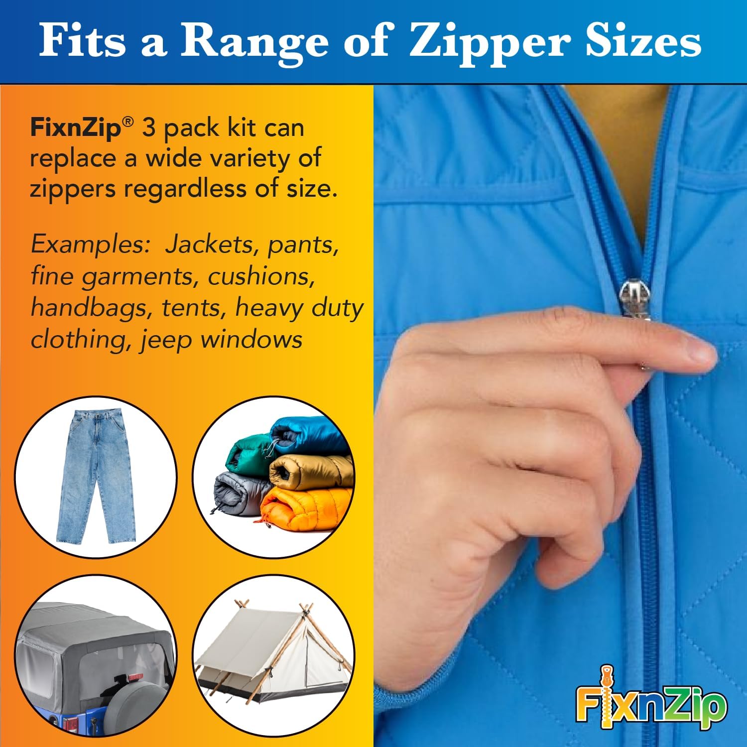 FixnZip (Black Nickel 3 Pack S,M,L) - Universal Zipper Repair Kit for Jackets, Luggage, Bags - Backpack Zipper Replacement Repair Kit - Instant Zipper Fix