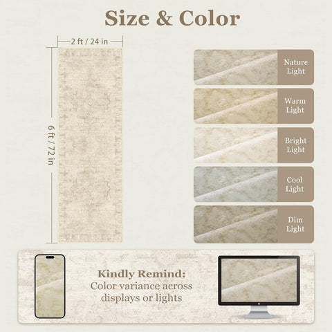 Farmhouse Beige 2x6 Runner Rugs for Hallway Entryway, Kitchen Runners Washable Non Slip Low Pile, Vintage Distressed Medallion Printed Rugs for Mudroom/Bedroom Bedside/Laundry Room/Bathroom
