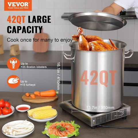 VEVOR 18/8 Stainless Steel Stockpot, 42QT Large Cooking Pots, Multipurpose Cookware Sauce Pot with Composite Base, Heavy Duty Commercial Grade Stock Pot, Sanding Treatment, for Large Groups Events