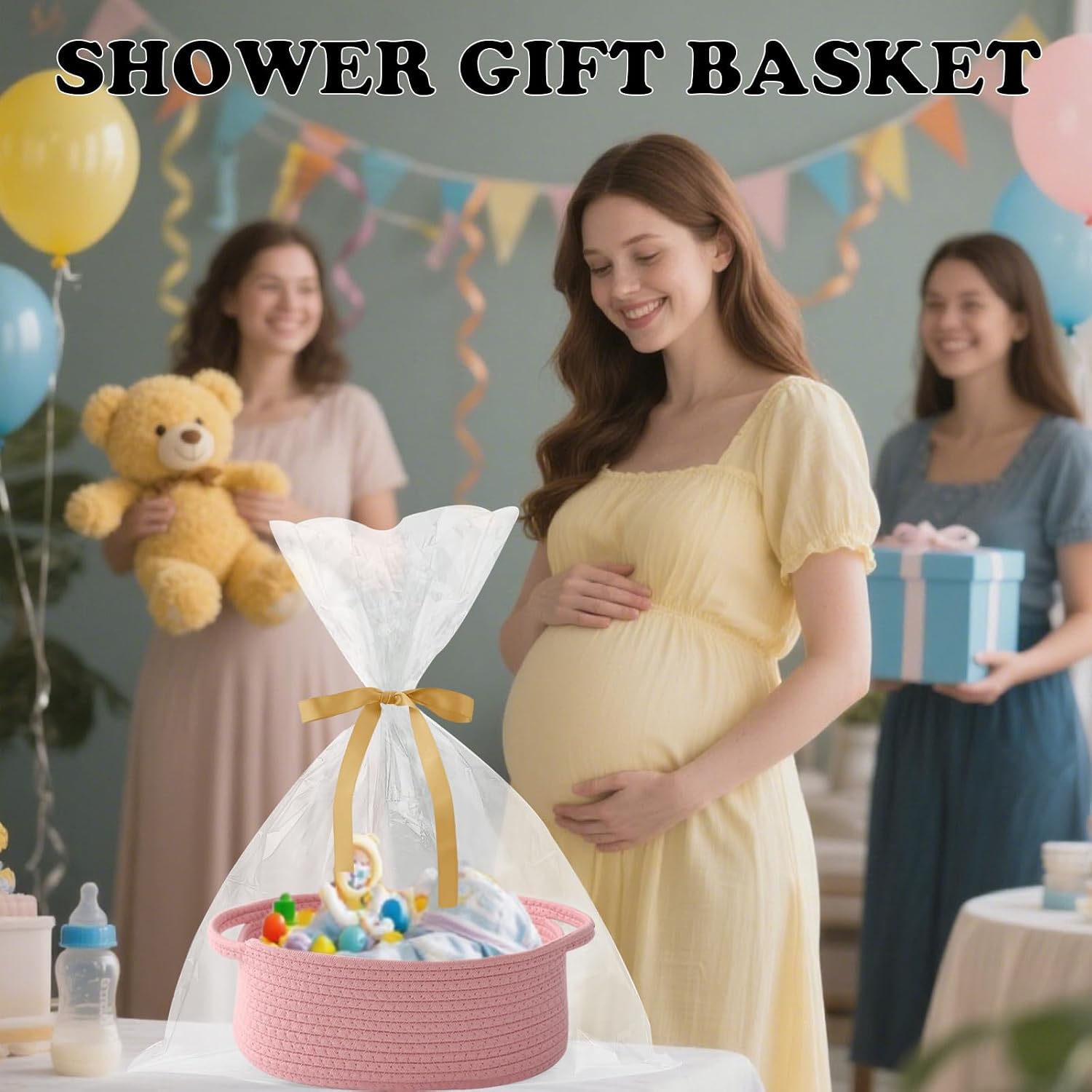 Pink Woven Rope Basket - Baby Gift Basket with Bag & Ribbon