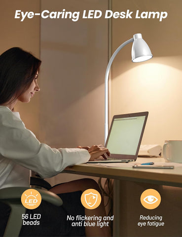 BOHON LED Desk Lamp with USB Charging Port, 3 Color Modes Dimmable, White