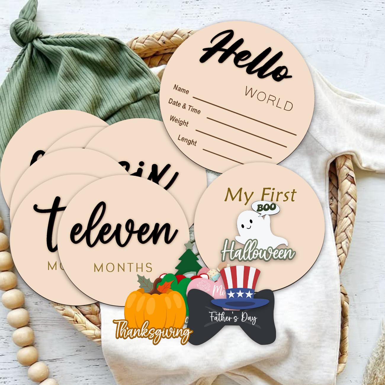 Monthly Baby Milestone Maker Discs, Baby Milestone Signs for Newborn Baby, Hello World Newborn Sign for Girl & Boy, Baby Announcement Sign for 1-12 Month, Milestone Wooden Circles (Sage) (Black)