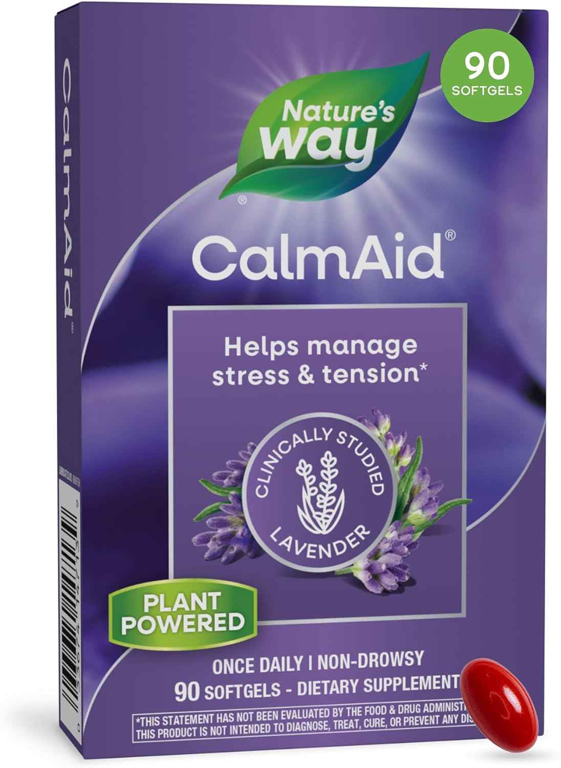 Nature's Way CalmAid Lavender Oil Supplement, Calm & Stress Support*, 90 ct | Clinically Studied Silexan Lavender Oil, Non-Drowsy, Daily Softgels, 3 Month Supply