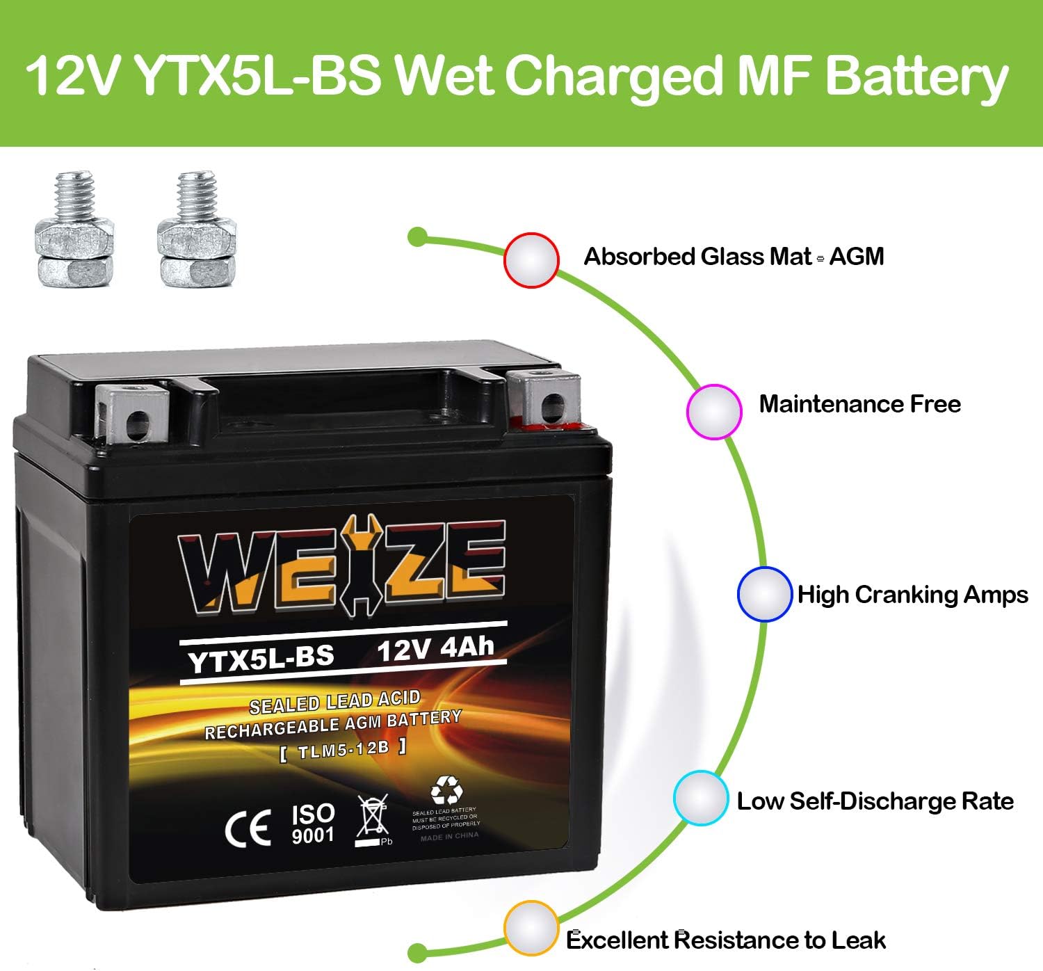 Weize YTX5L-BS High Performance - Maintenance Free - Sealed AGM Motorcycle CTX5L Battery compatible with Honda YUASA Yamaha ETX5L-BS Batteries