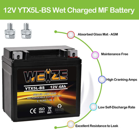 Weize YTX5L-BS High Performance - Maintenance Free - Sealed AGM Motorcycle CTX5L Battery compatible with Honda YUASA Yamaha ETX5L-BS Batteries