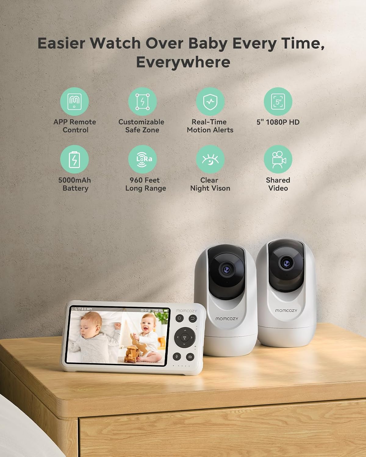 Momcozy BM04 Smart WiFi Baby Monitor with 2 Cameras, 5" 1080P Split Screen