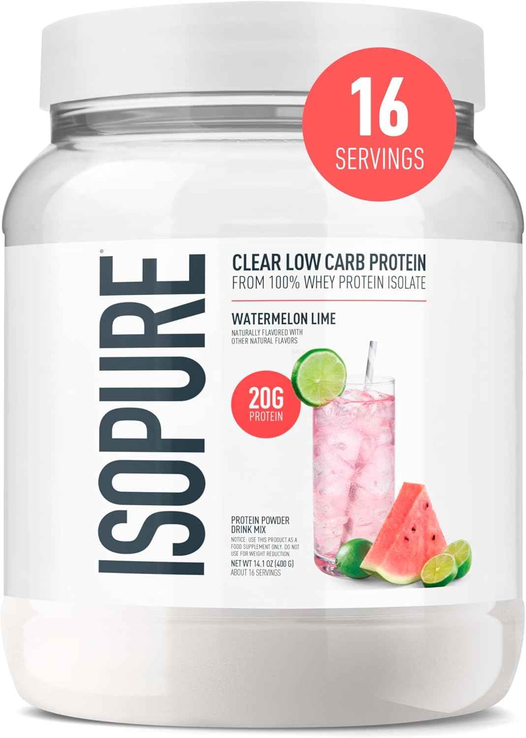 Isopure Clear Whey Isolate Protein Powder, Lactose Free, Gluten Free, Naturally Flavored, Watermelon Lime, 20g Protein Per Serving, 14.1 Oz, 16 Servings (Packaging May Vary)