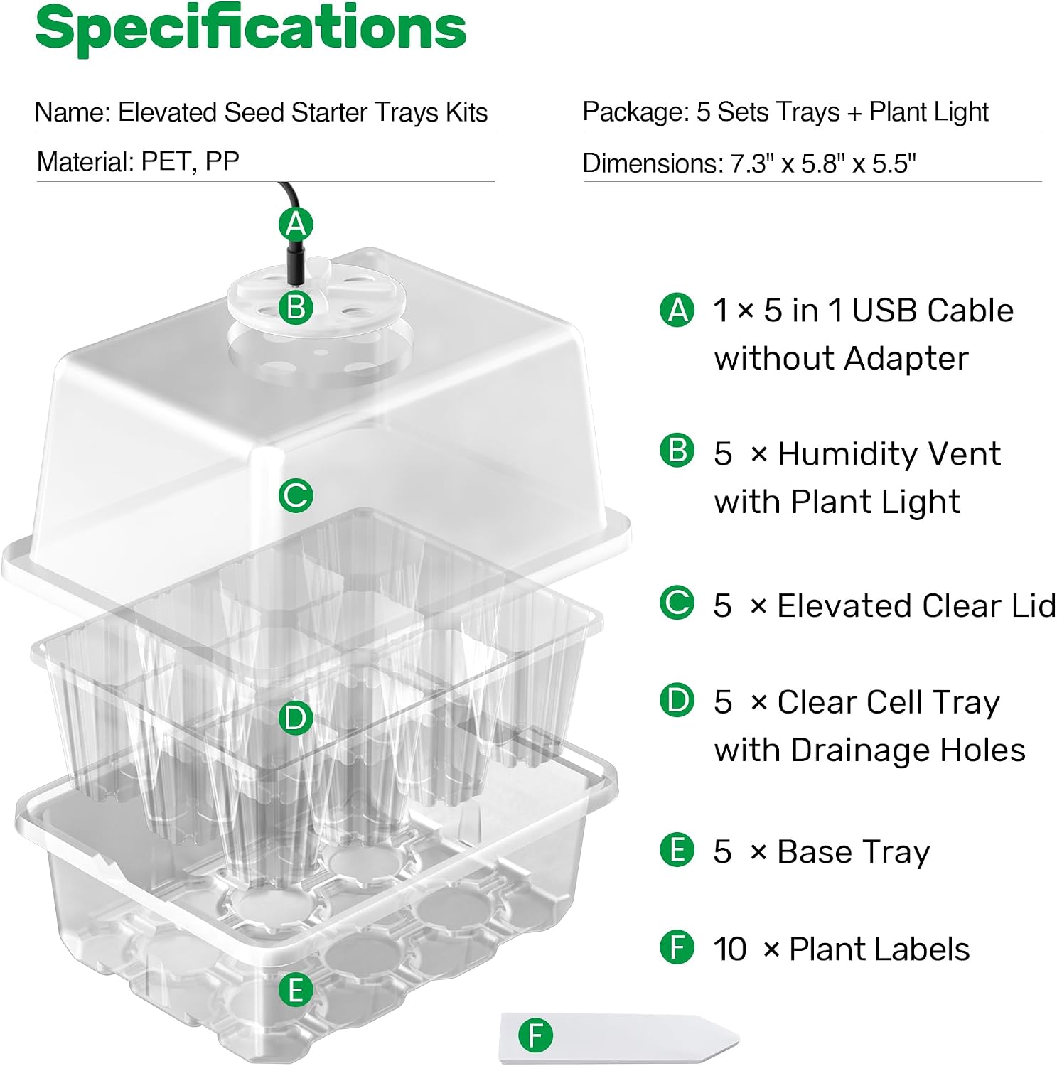 Bonviee Seed Starter Trays with 12-LED Grow Lights, Clear, 5 Pack