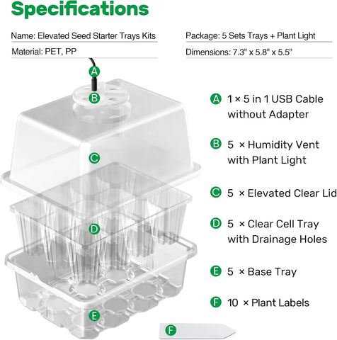 Bonviee Seed Starter Trays with 12-LED Grow Lights, Clear, 5 Pack