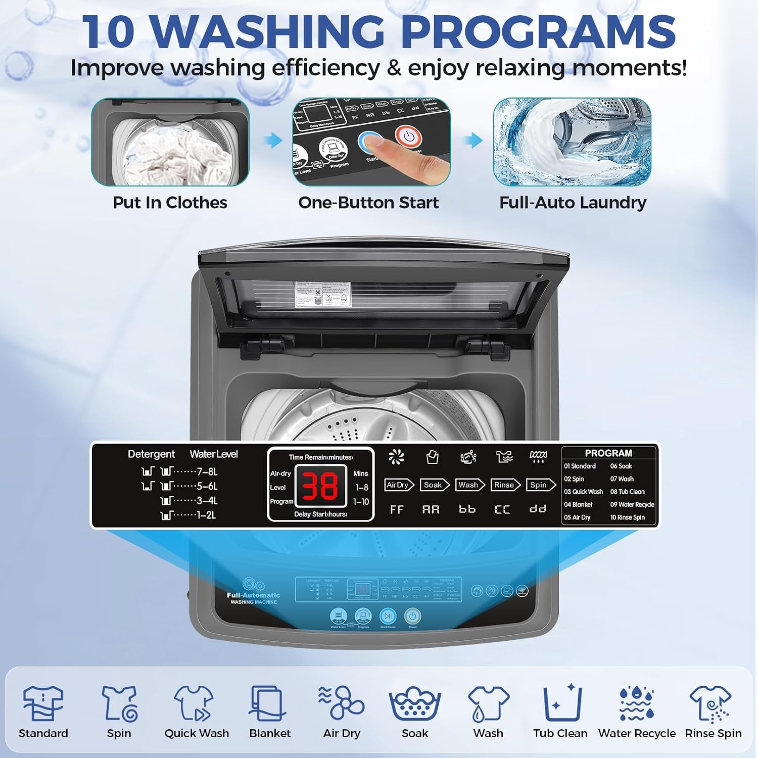 Nictemaw 20Lbs Washing Machine for Apartment, Slow-Close Glass Lid, 480W