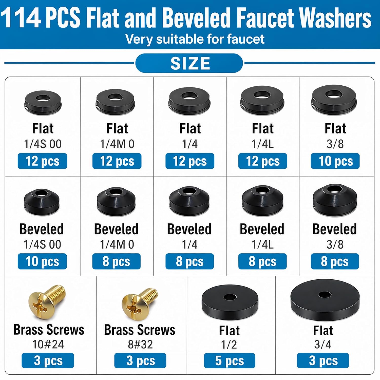 114 pcs Flat and Beveled Faucet Washers and Brass Bibb Screws Assortment
