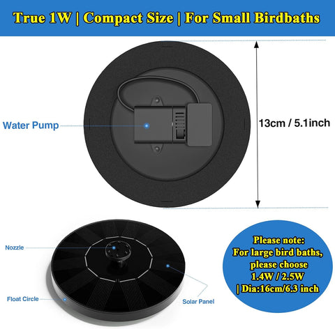 Solar Fountain, Floating Solar Powered Water Fountain Pump for Bird Bath, Garden, Pond, Pool, Outdoor (1W)