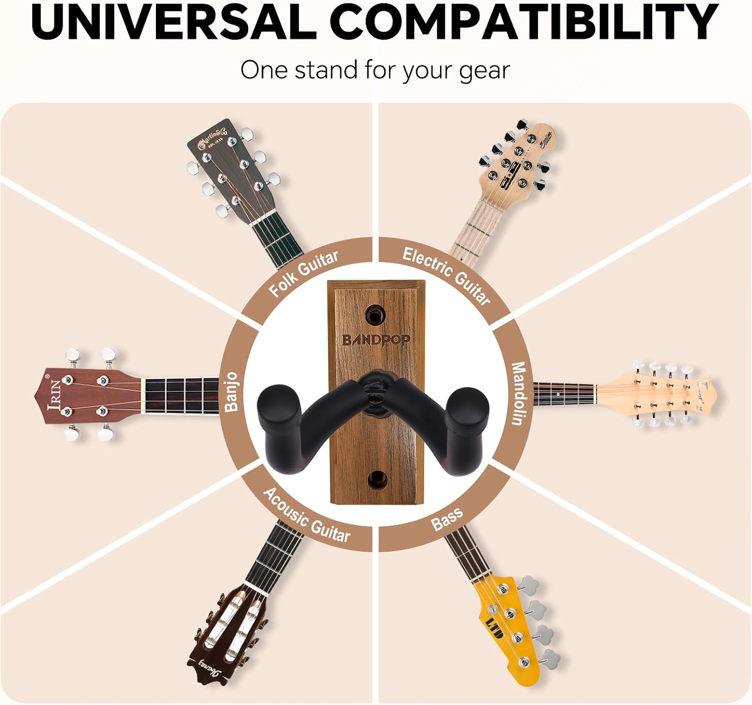 Bandpop Guitar Wall Mount 2 Pack - Black Walnut Guitar Hanger with 5pcs Picks for Acoustic, Electric, Bass, Banjo, Mandolin