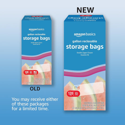 Amazon Basics Reclosable Gallon Food Storage Bags with Double Zipper Seal, Stand and Fill Base, BPA Free, 120 Count