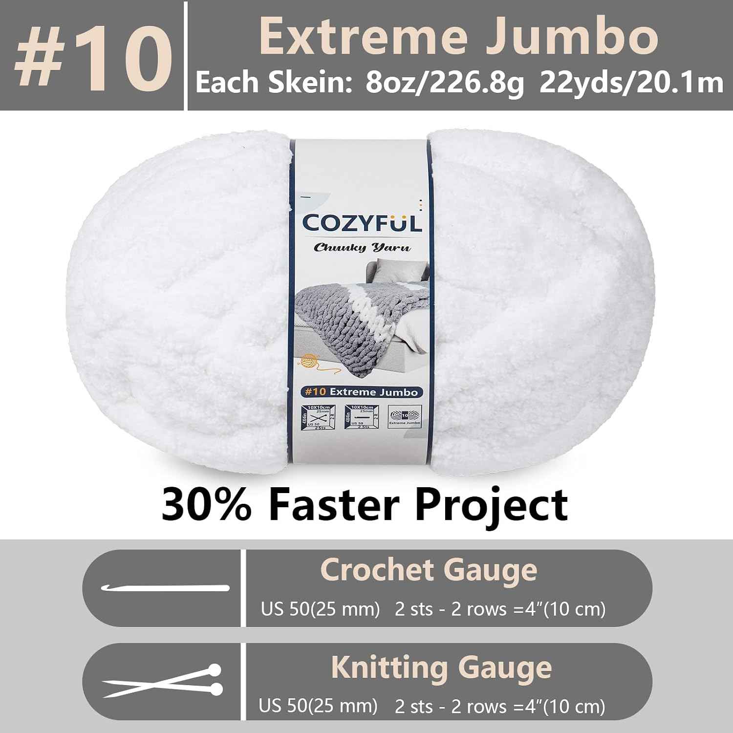 Cozyful Chunky Yarn for Hand Knitting - #10 Chunky Chenille Yarn, Jumbo Big Thick Chunky Yarns for Crocheting, Super Bulky Chunky Knit Blanket Yarns, 8 Skein (22 yds 8 oz Each Skein), Pure White