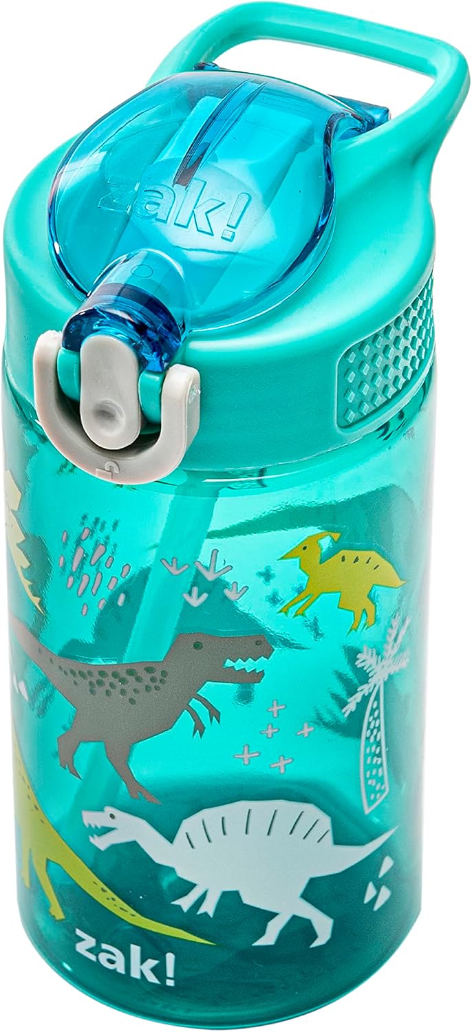 Zak Designs Dinosaur 16oz Leak-Proof Straw Kids Water Bottle, Plastic