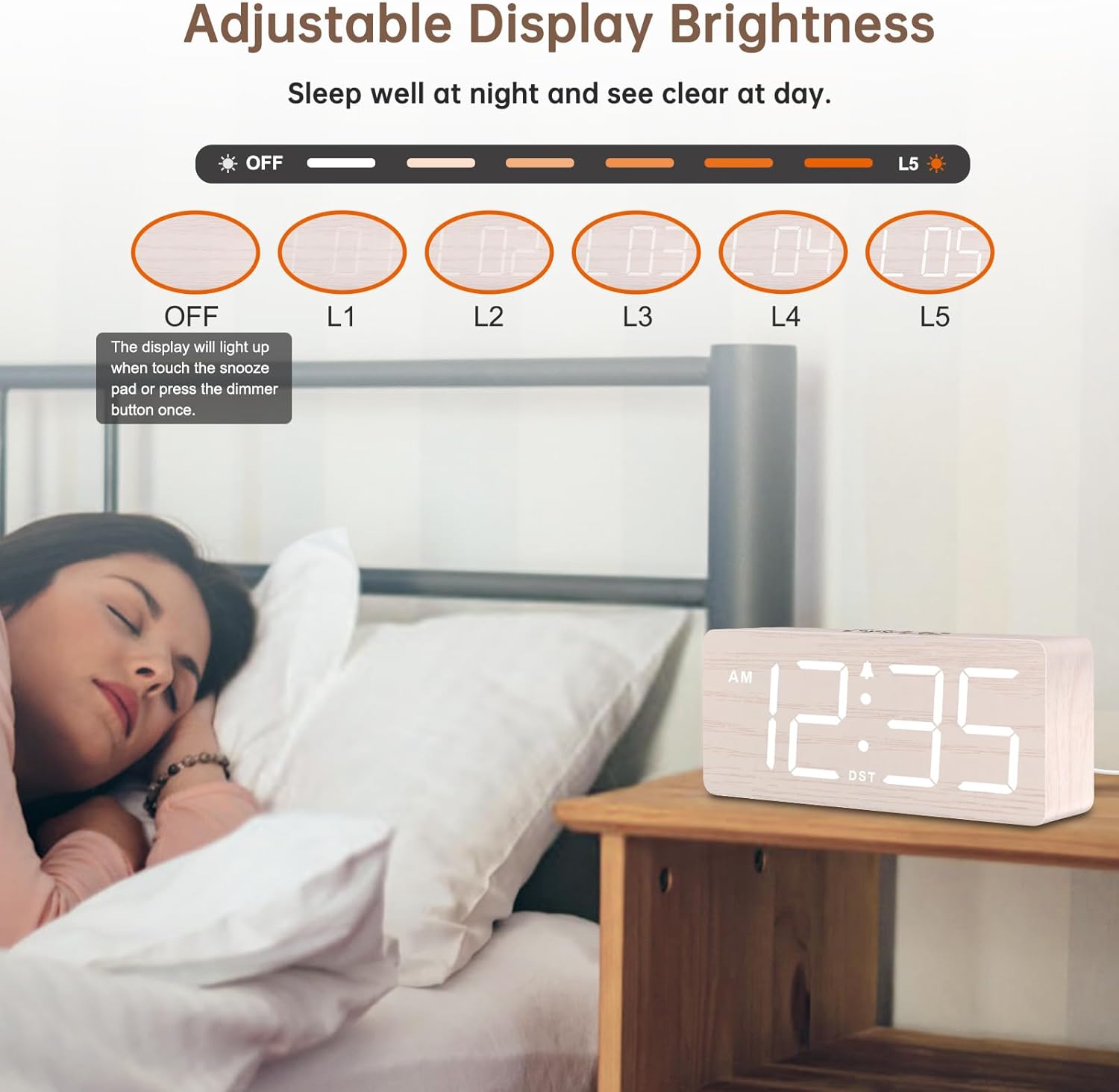 DreamSky Wooden Digital Alarm Clock for Bedroom with Large Numbers