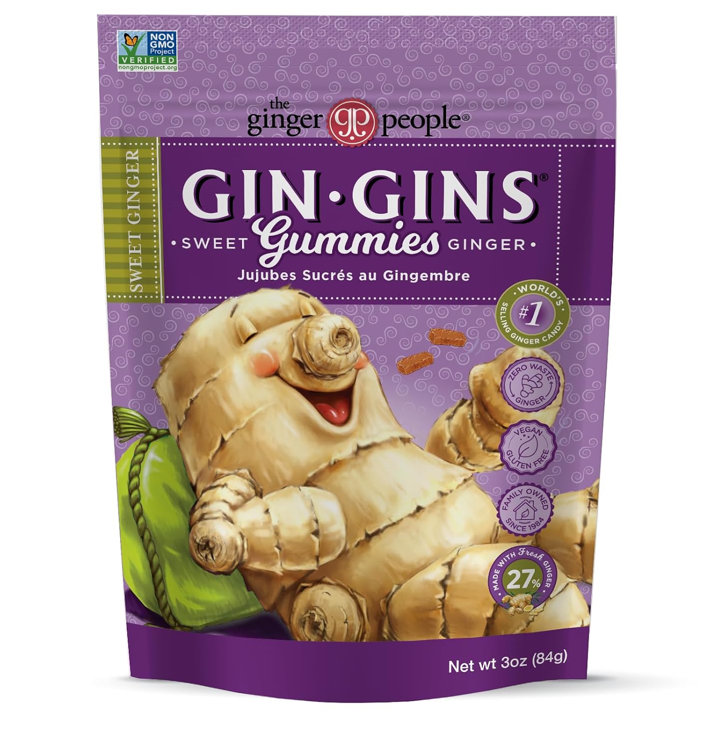 GIN GINS Sweet Ginger Gummies Made w/Fresh Ginger 3oz Bag 1Pk