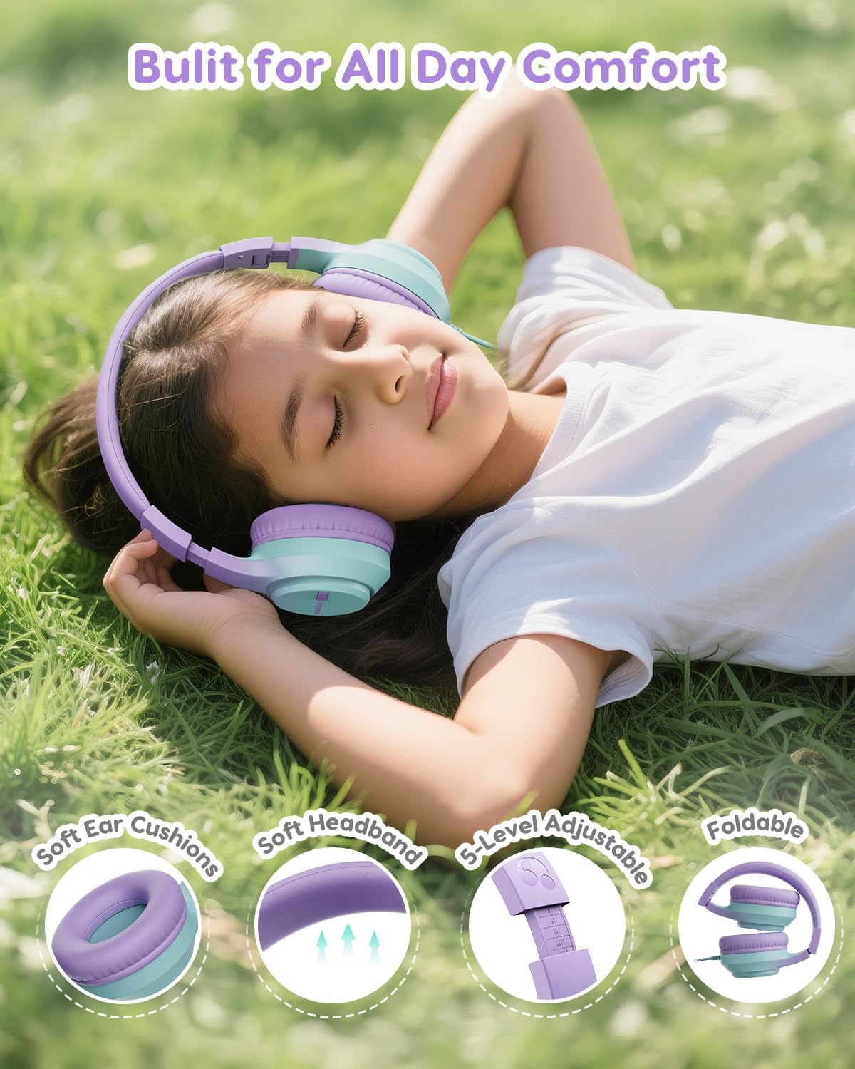 awatrue USB‑C Kids Headphones for School,74‑85‑94dB Limiter, w/Mic HK07C