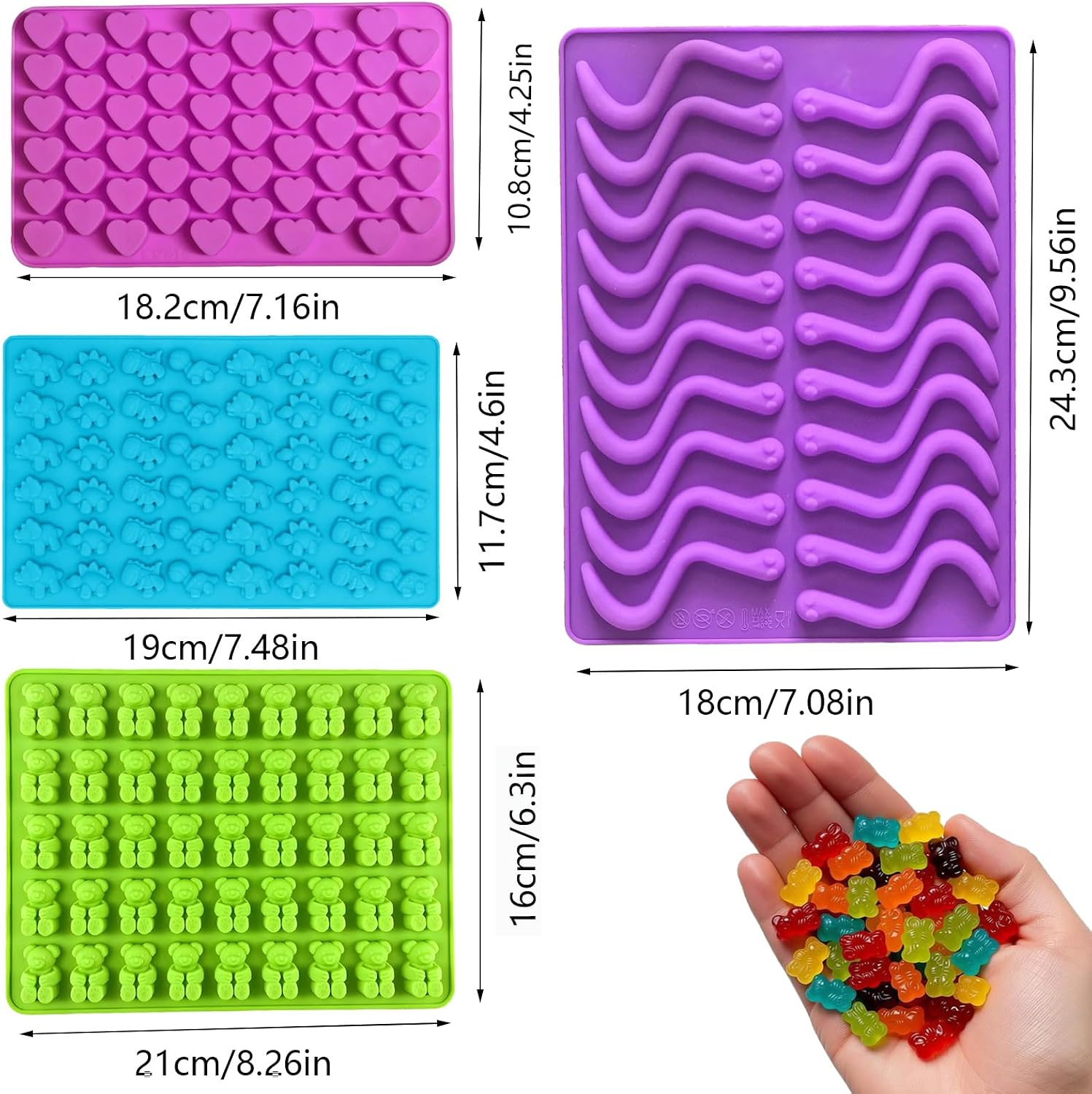 Gummy Candy Molds - Silicone Mini Gummy Bear/Hearts/Dinosaur/Gummy Worm Mold with 2pcs Dropper,Non-stick and Bpa Free for Candy Chocolate Gummies Baking