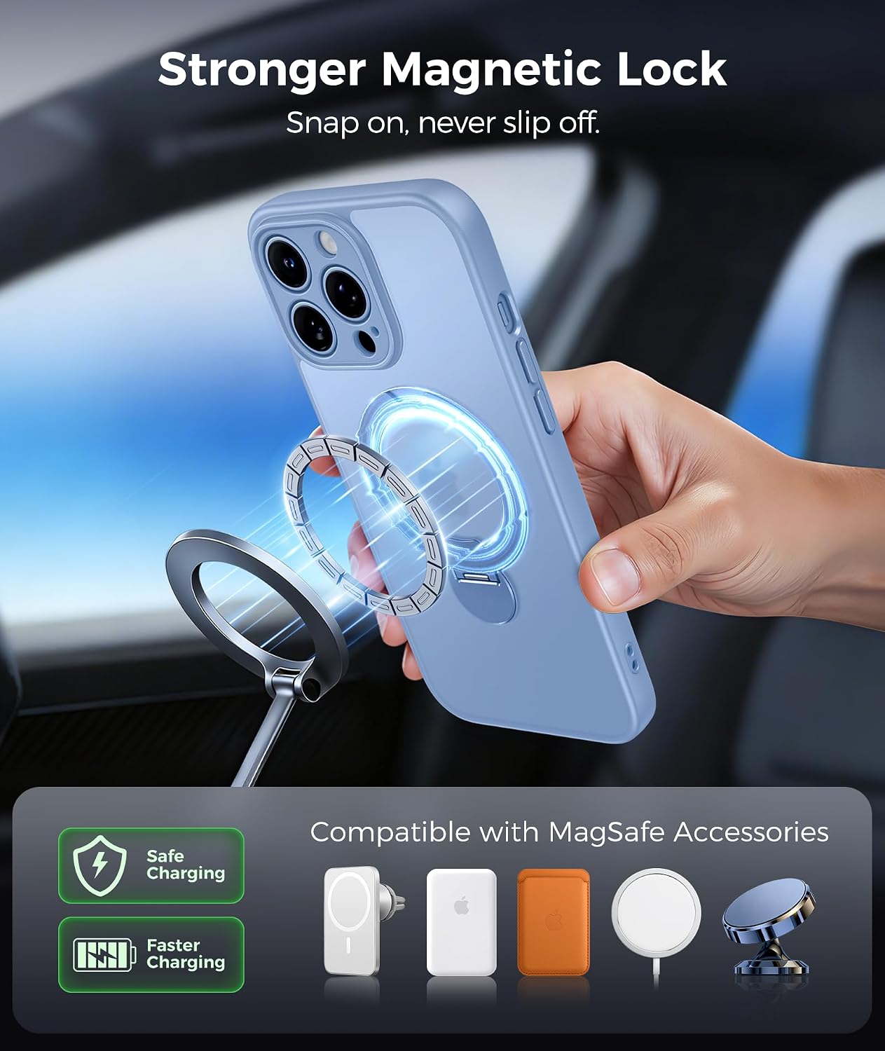FNTCASE for iPhone 13 Pro Max Case with 360 Spin Magnetic Stand Light Blue
