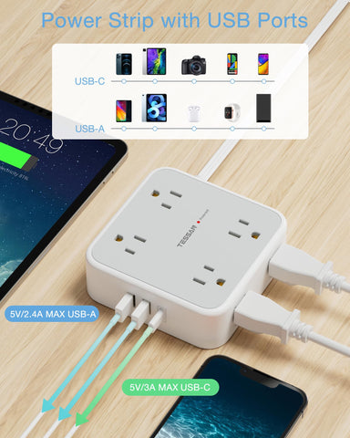 Power Strip Surge Protector 10 Ft Cord, 8 AC Outlets, 3 USB Charger(1 USB C Port), Ultra Thin Extension Cord, Flat Plug, 900 Joules Protection, Desk Charging Station for Home, Office Essentials