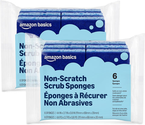 Amazon Basics Non-Scratch Dual-Sided Sponges for Nonstick Pots and Pans, Dish Scrubber, All-Purpose, 12-Pack (2 Packs of 6), Packaging May Vary