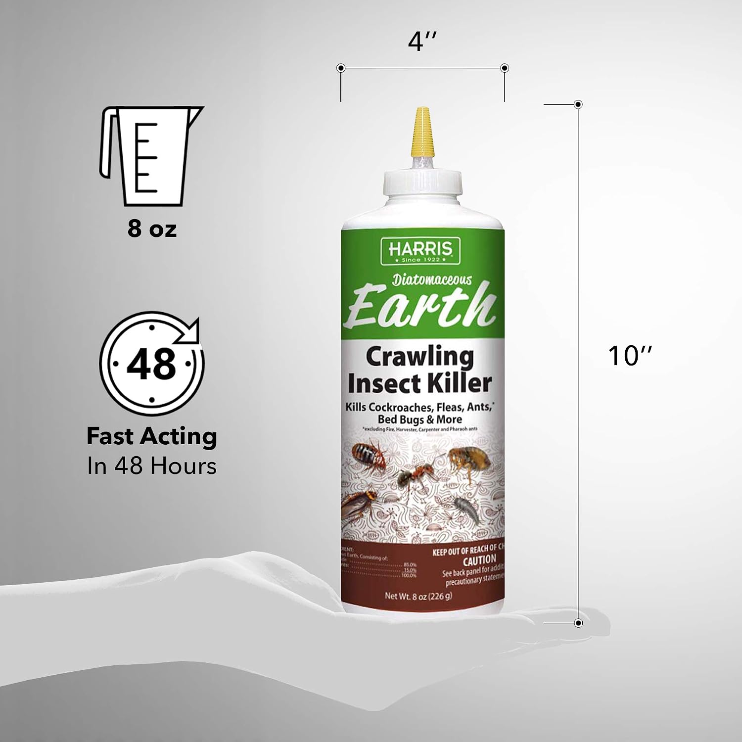 Harris 8 oz Diatomaceous Earth Crawling Insect Killer — 100% Natural Dust for Ants, Roaches, Bed Bugs, Fleas — Indoor & Outdoor Use