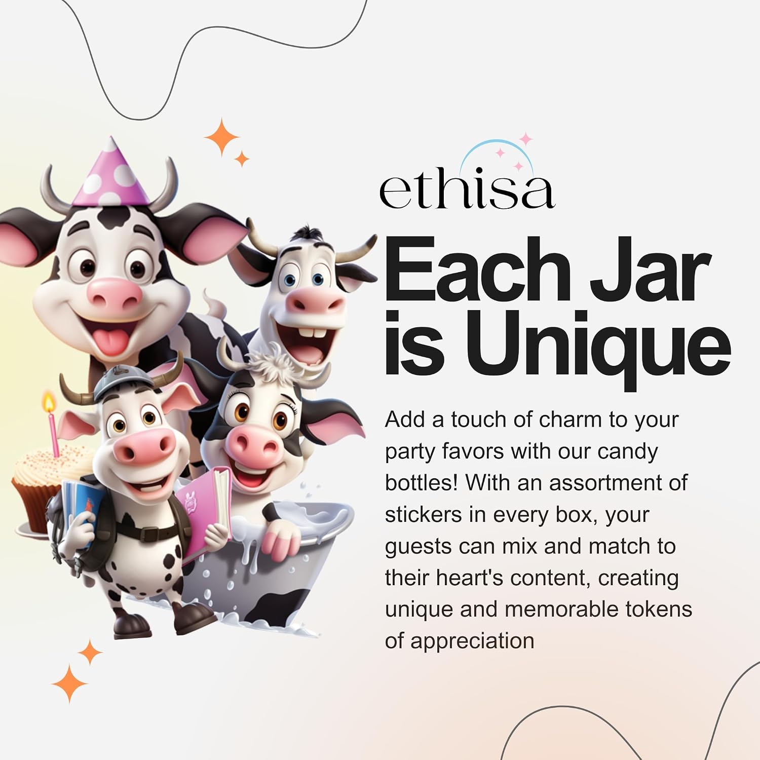 Ethisa Small 12 Pack Cow Party Favors - DIY Candy Jars with Ribbons and Stickers - Party Decoration Bottles for Birthday, Baby Shower - Holy Cow Print Table Centerpieces