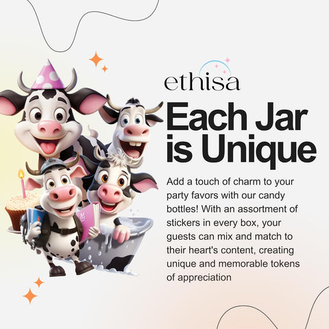 Ethisa Small 12 Pack Cow Party Favors - DIY Candy Jars with Ribbons and Stickers - Party Decoration Bottles for Birthday, Baby Shower - Holy Cow Print Table Centerpieces