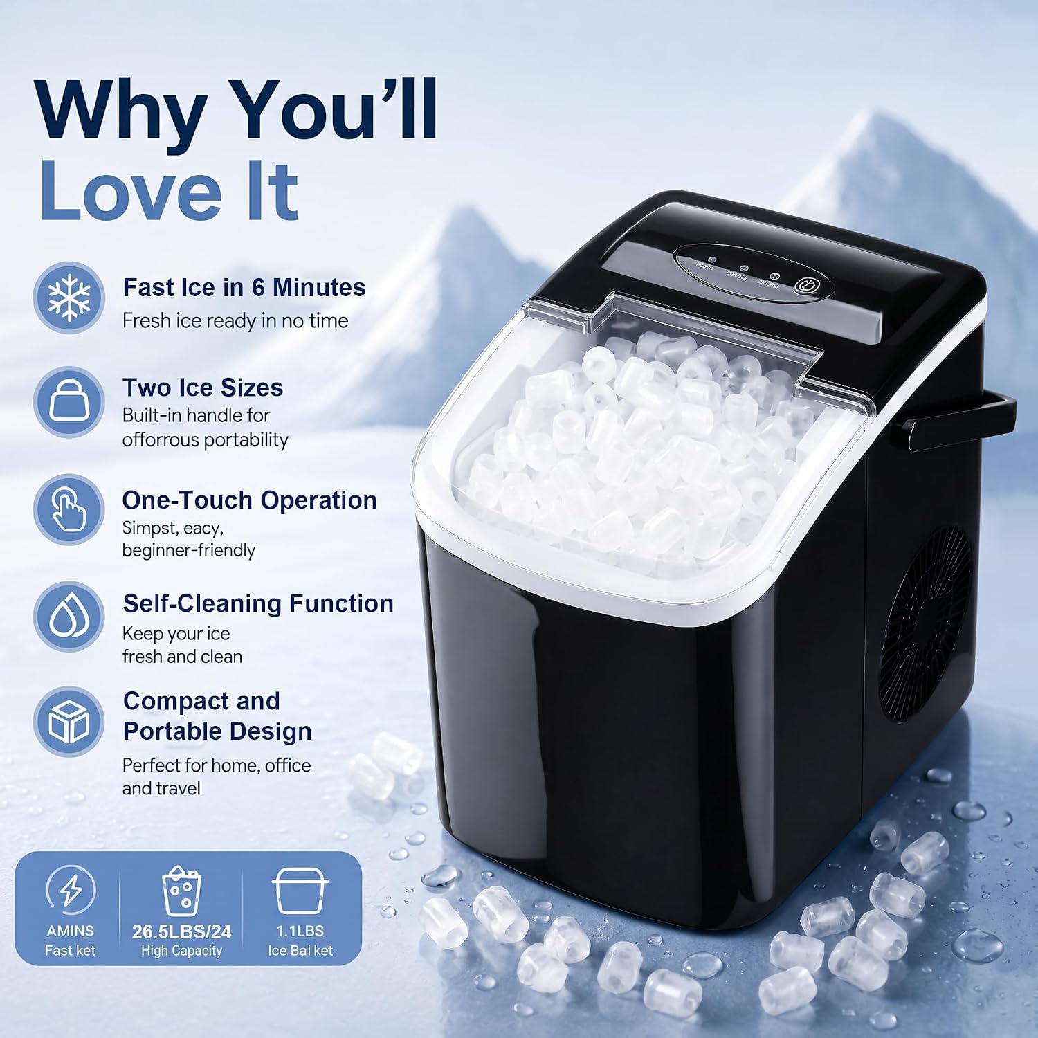 Portable Ice Maker with Handle, 26.5 lbs/Day Countertop Bullet Ice Maker, 9 Cubes Ready in 6 Mins, 42 dB Quiet, Self-Cleaning with Viewing Window, Basket & Scoop