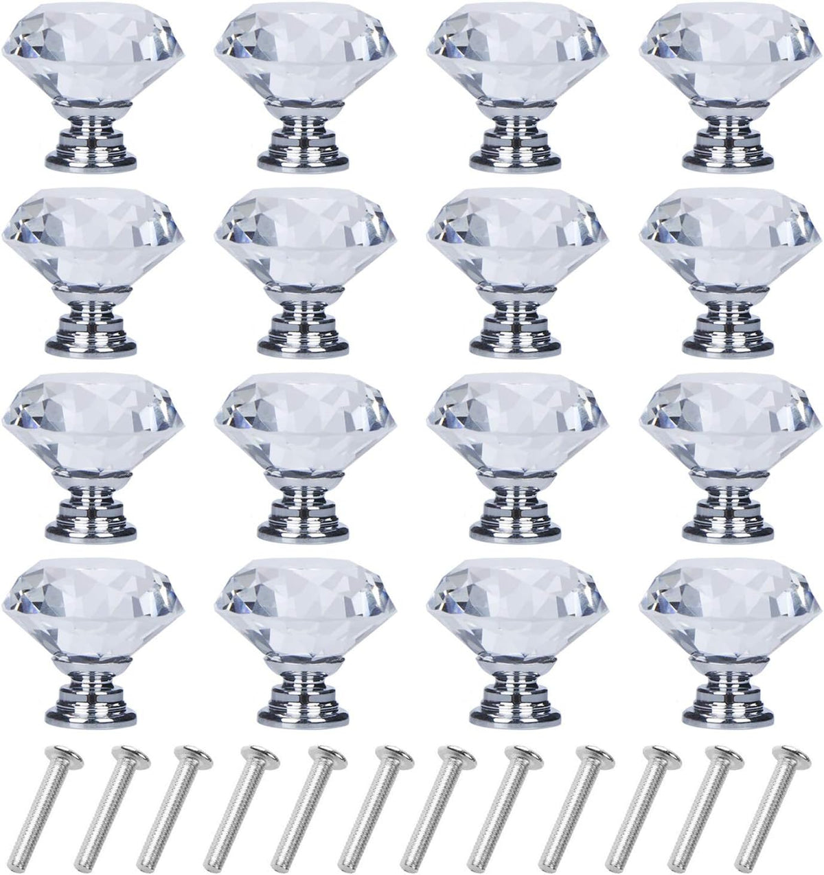 YourGift 16 Pack Drawer Knobs Diamond Shaped Crystal Glass 30mm Cabinet Knobs Pull Handles (Silver)