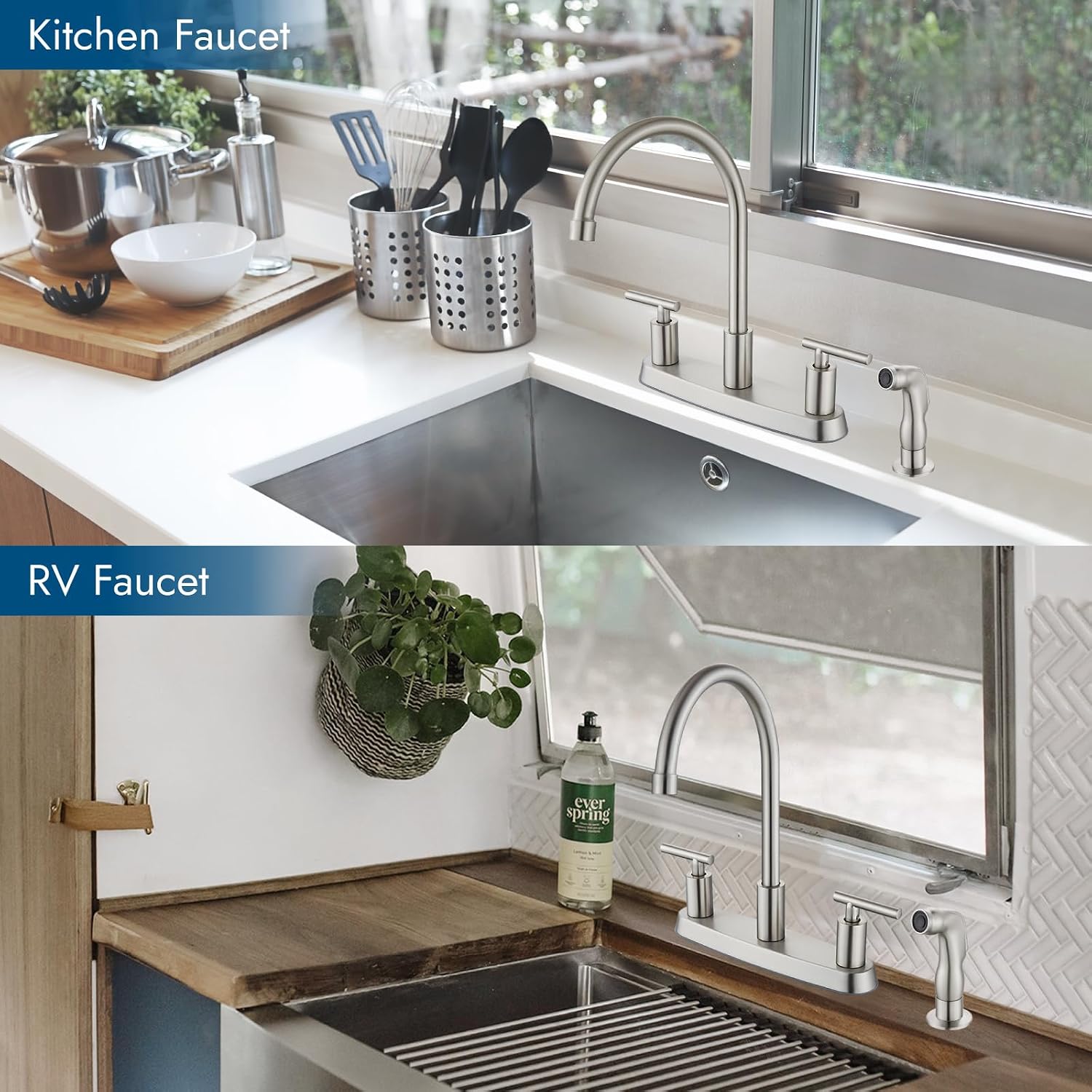 2-Handle Kitchen Faucet with Sprayer 4 Hole, Brushed Nickel