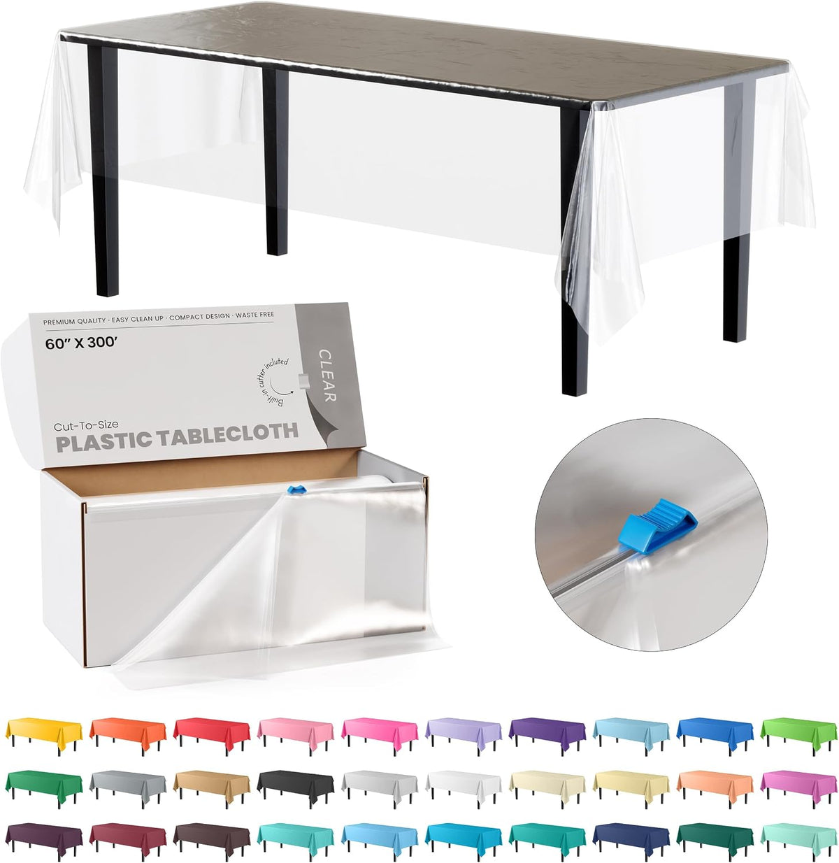 Party Solids 60 Inch X 300 Feet Clear Plastic Table Cover Roll in A Cut - to - Size Box with Convenient Slide Cutter. Cuts Up to 36 Rectangle 8 Feet Plastic Disposable Tablecloths