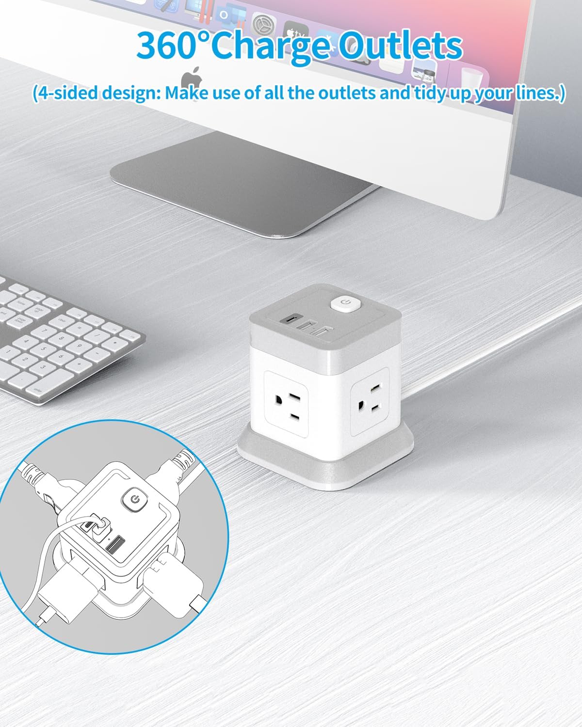 FDTEK 2 Prong Power Strip USB C, 4 Outlets 3 USB 5 FT Extension Cord White