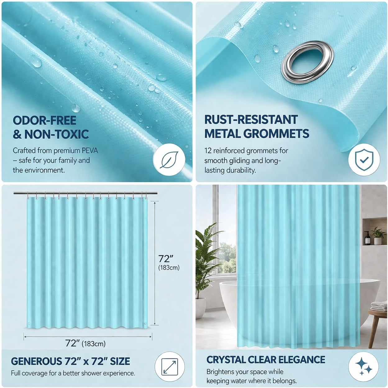 EHZNZIE Aqua Shower Curtain Liner 72x72, PEVA Waterproof Bath Curtain, No Chemical Smell, 3 Weighted Magnets, Durable with Rustproof Metal Grommets
