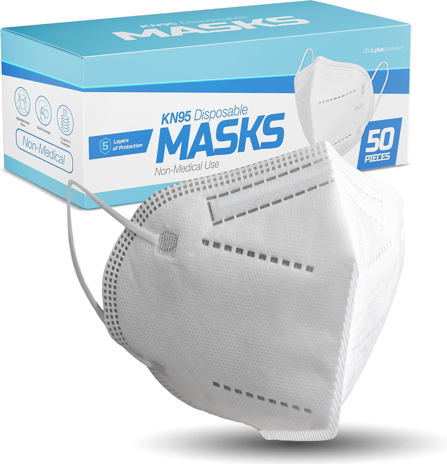 Lyka Distribution KN95 Face Masks - 50 Pack - 5 Layer Protection Breathable KN95 Face Mask with Comfortable Elastic Ear Loop