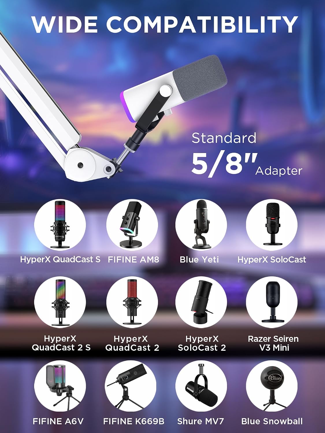 InnoGear Mic Arm Microphone Boom Arm Cable Management for Blue Yeti, White